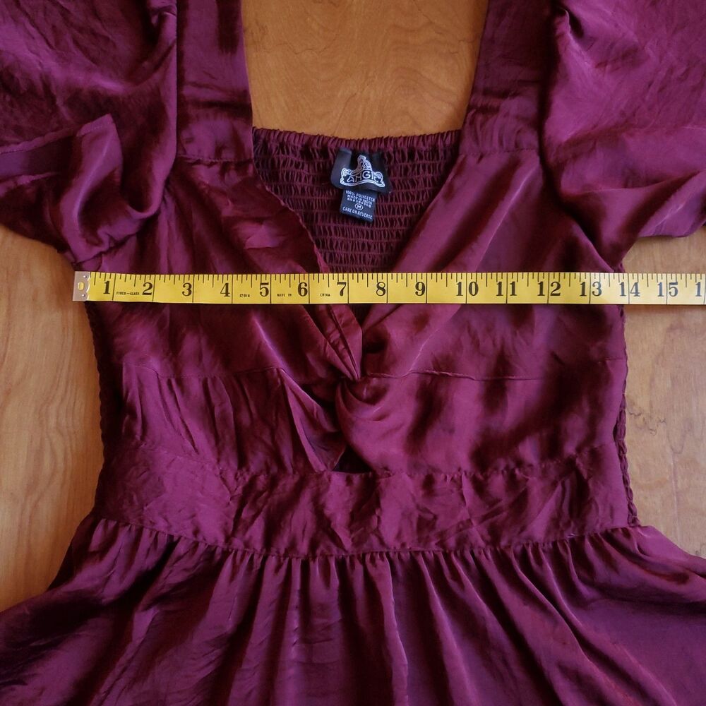 Angie Satin Mini Dress M Burgundy Smocked Angel Sleeve Whimsigoth Fairy Grunge - Picture 10 of 11